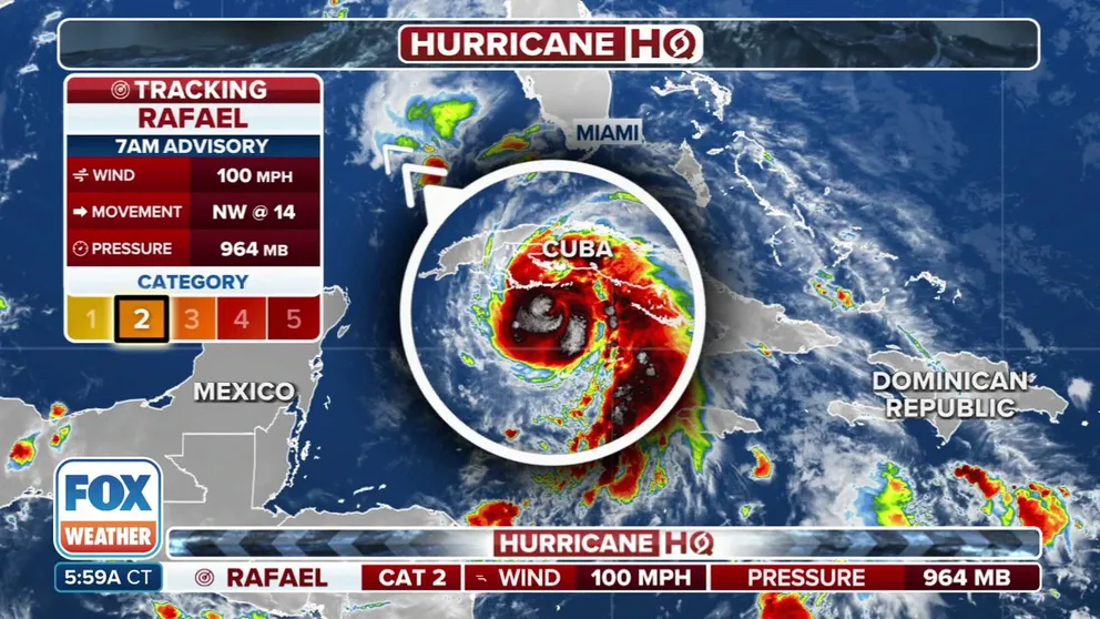 Hurricane Rafael continues to intensify and strengthened into a Category 2 storm early Wednesday morning, and forecasters say it could be near major hurricane strength when it makes landfall in Cuba.