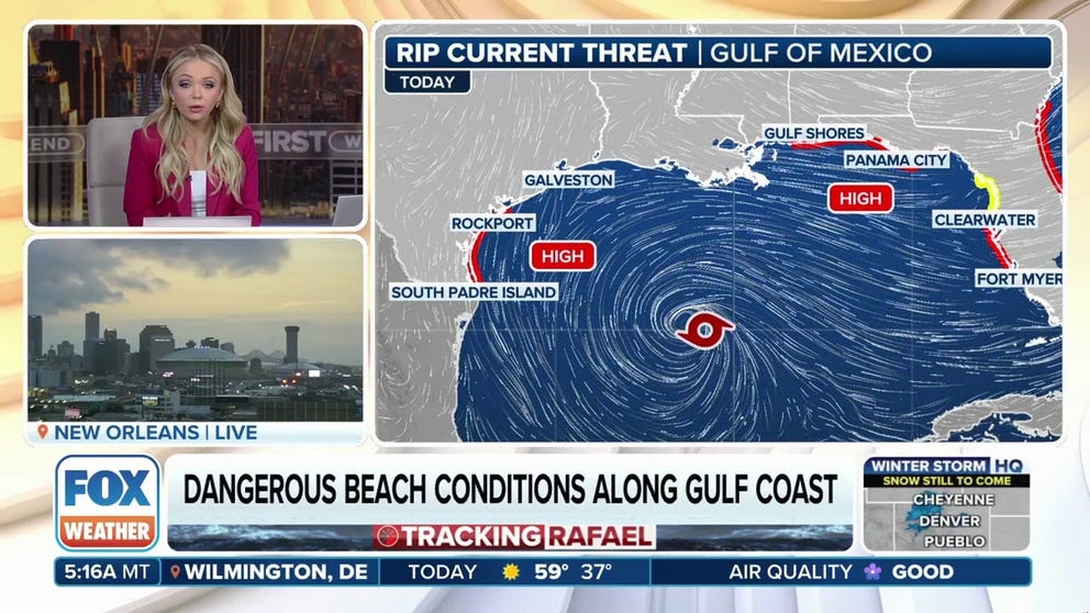 Tropical Storm Rafael is slowly drifting away from U.S. shores, but it's still bringing dangerous rip currents and high surf to beaches along the Gulf Coast.