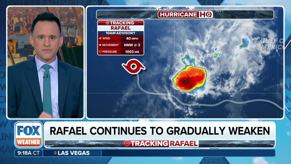 The National Hurricane Center says Tropical Storm Rafael is becoming less organized and is continuing to weaken as the late-season storm spins over the open waters of the Gulf of Mexico.