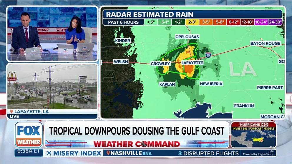 Parts of Lafayette, St. Landry and Acadia parishes in Louisiana are included in a Flash Flood Warning on Wednesday morning where up to 5 inches of rainfall is possible. Local flooding has been reported by Lafayette police and local officials.
