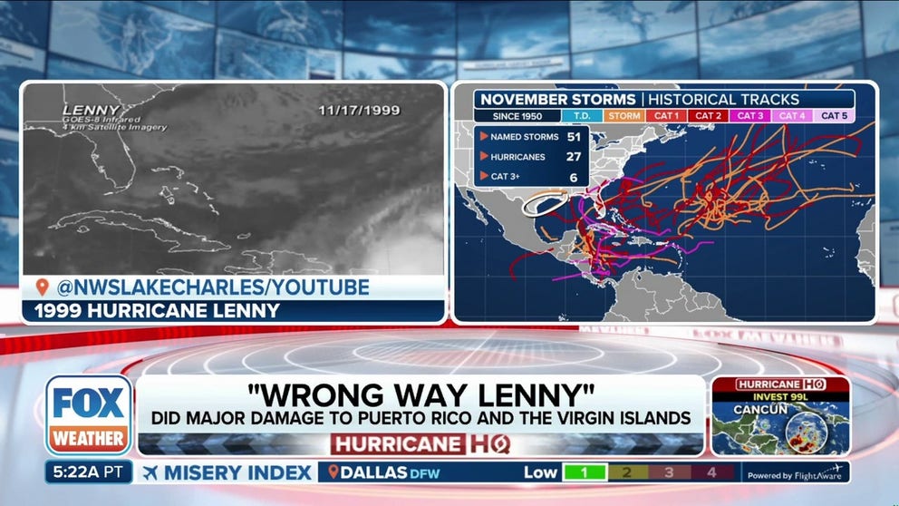 Hurricane Lenny, known as "Wrong Way Lenny" formed in the Caribbean in November 1999 and traveled west to east, an unusual track for tropical activity in the region. Lenny did damage to Puerto Rico and the Virgin Islands.