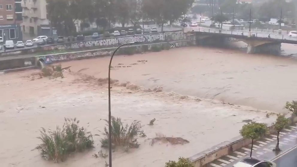 Heavy rainfall has triggered flooding in Malaga, Spain. Public transportation service in Malaga was suspended Wednesday due to the flooding.