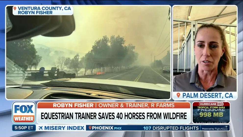 Robyn Fisher tells FOX Weather she had to race through smoke and flames to rescue several horses threatened by the fast advancing Mountain Fire that burned in Southern California earlier this month. 