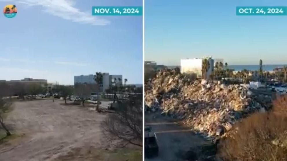 Treasure Island's streets are clear of debris just weeks after dual hurricanes left damage strewn across town. The collected pile -- 50 feet tall and 150 feet long -- has been hauled away. (Video courtesy: City of Treasure Island)