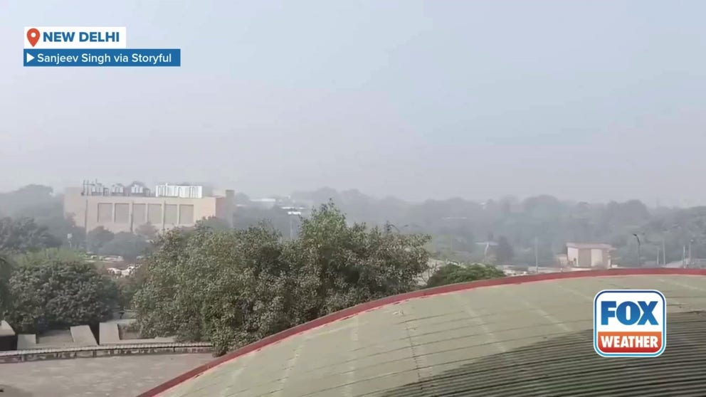 Video from New Delhi, India shows a blanket of smog covering highways and buildings in the capital region caused by air pollution.