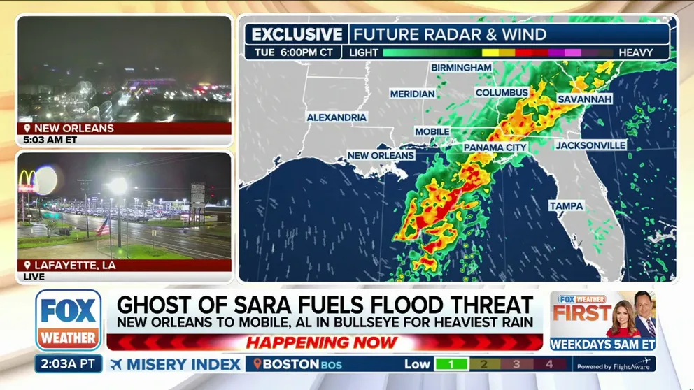 Very heavy rain is falling Tuesday morning from near New Orleans to the Florida Panhandle, and rain totals of 3-5 inches are likely, with some areas possibly seeing over 6 inches in a short time.