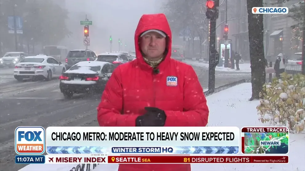 A winter storm is causing delays across the Great Lakes, including at Chicago's O'Hare International Airport where a ground delay is in place on Thursday afternoon. FOX Weather's Robert Ray reports snow rates between 1 and 2 inches and winds dropped visibility down to a quarter-mile, creating a mess for the morning commute in the Windy City. 