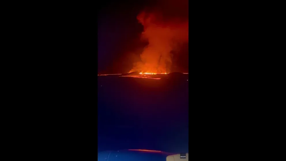 Plane passenger captures ongoing eruption of a volcano along Iceland’s Reykjanes Peninsula on Thursday, November 21 (Christopher David Louis Barnard via Storyful).