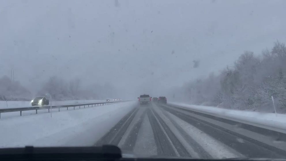 A video shared from New York on Thanksgiving shows a winter wonderland along Interstate 90 near Amsterdam as a winter storm brings heavy snow to the region.