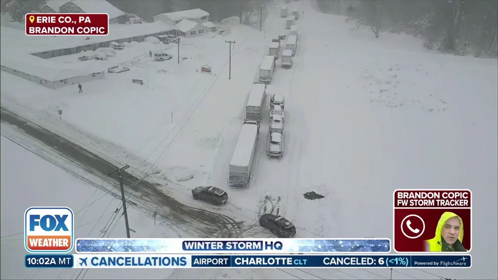 FOX Weather Storm Tracker Brandon Copic shows drone video of State Route 5 in Erie County near the Pennsylvania/New York border where multiple trucks and vehicles have been stranded for hours.