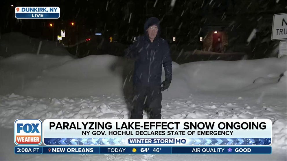 Portions of Interstate 90 in New York state has reopened to passenger vehicles as the Great Lakes region continues to be pummeled by a record-breaking lake-effect snow event that has dumped several feet of snow across the area. FOX Weather Winter Storm Specialist Mike Seidel was in Dunkirk, New York, on Sunday morning with the latest on the ongoing storm.