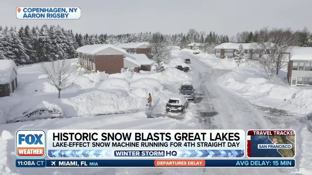 Lake-effect snow continues to wreak havoc on Thanksgiving travel. With nearly 5 feet of snow blanketing parts of the Great Lakes, even getting out of your driveway is a major challenge. Here's drone footage from Copenhagen, New York, on Monday.