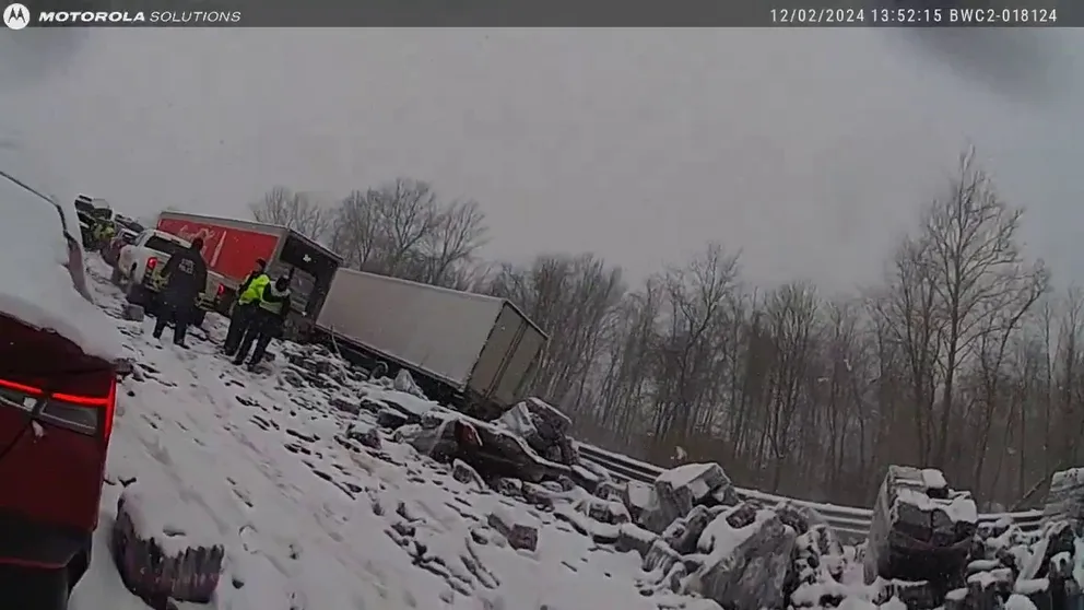 Michigan State Police shared ground video from the scene of a multi-vehicle crash on Interstate 94 on Monday. State police say they believe the crash may have been caused by people driving too fast for the conditions as snow fell across the region. 