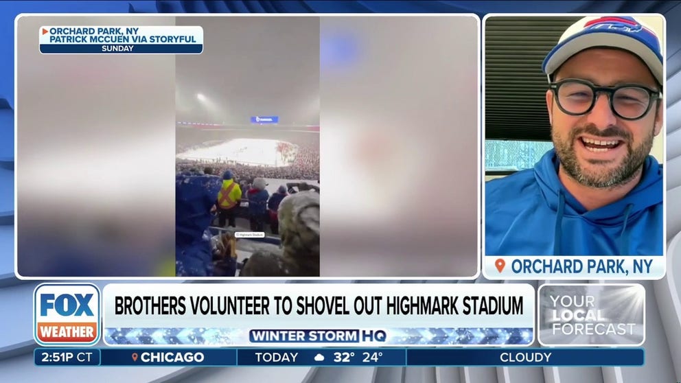 Brothers Patrick and Colin McCuen, California residents and Buffalo Bills fans, volunteered to shovel out snow from Highmark Stadium on Sunday. Patrick spoke to FOX Weather about the experience. Dec. 3, 2024 