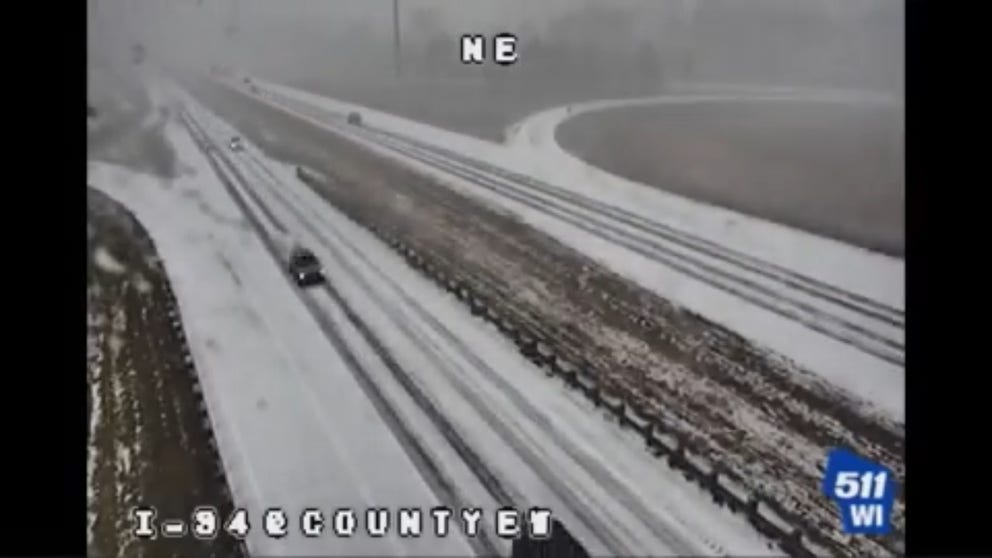 Time lapse video shows a snow squall hitting Interstate 94 in Warrens, Wisconsin Wednesday afternoon. (Video: Wisconsin DOT via National Weather Service)