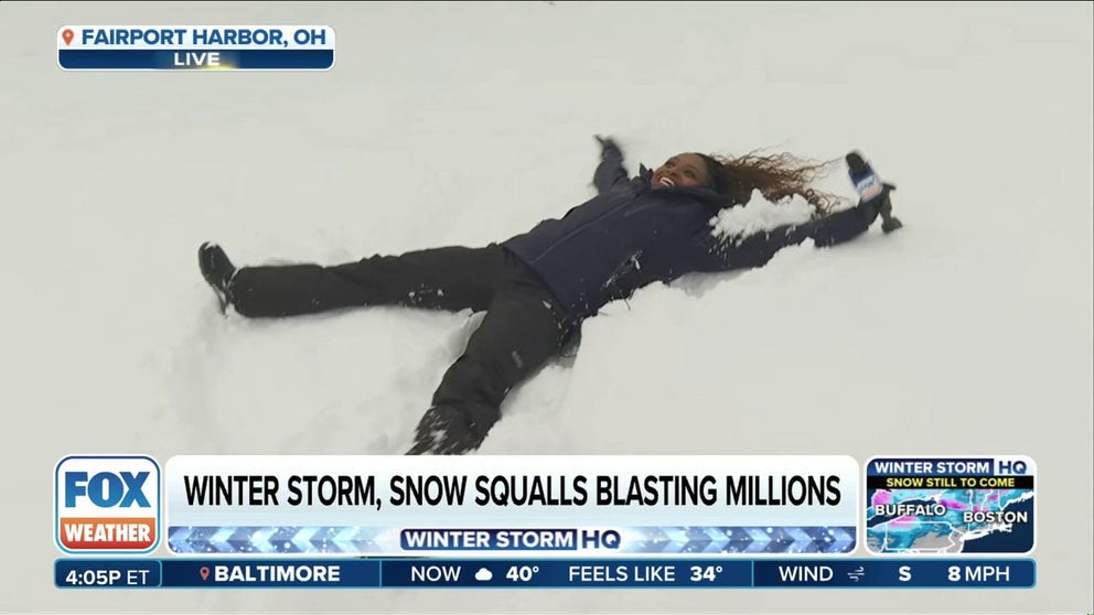 Several inches of snow remain in Fairport Harbor, Ohio after a lake-effect snow swept through over the weekend and another snowstorm looms Thursday. FOX Weather Correspondent Brandy Campbell showed off her snow angel skills.