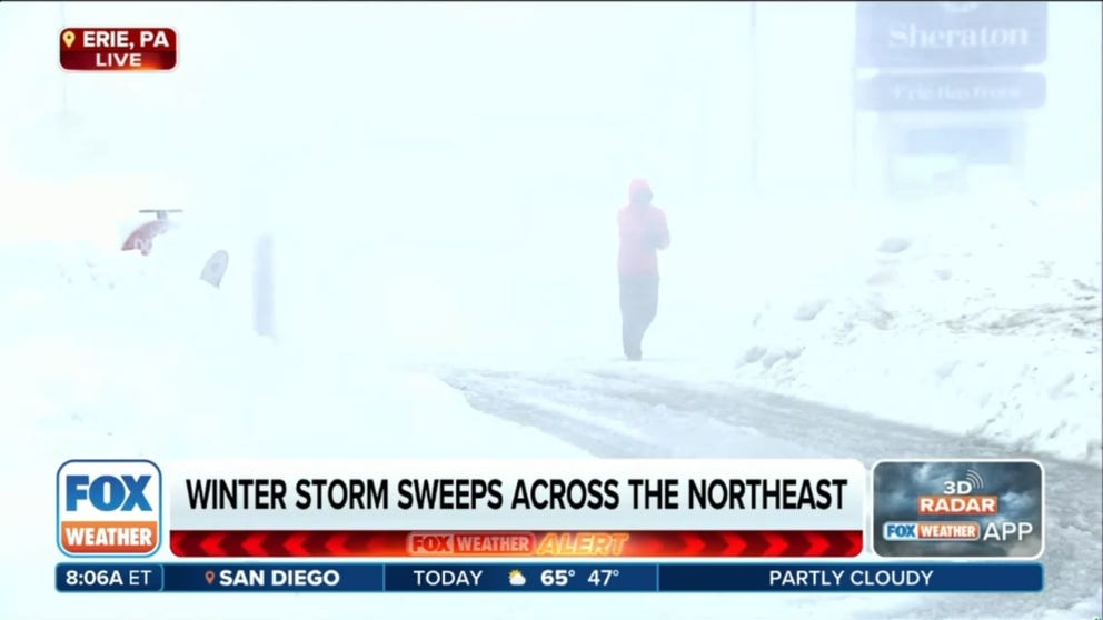 FOX Weather Correspondent Robert Ray reports live from a snowy Erie, Pennsylvania, where another round of heavy snows and strong winds are happening Thursday.