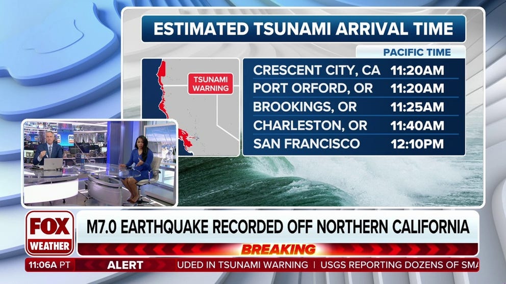 Magnitude 7.0 and 5.8 earthquakes off the coast of Northern California have prompted a rare tsunami warning for coastal areas near the California-Oregon state line, including San Francisco Bay. 