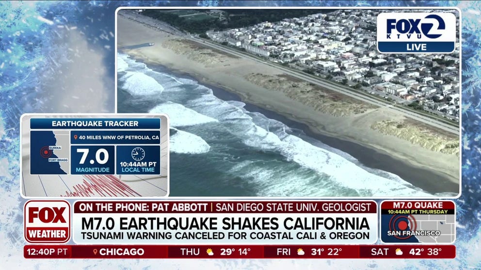 San Diego State University Geologist Pat Abbott joins FOX Weather to talk about the temporary tsunami threat to Northern California and coastal Oregon. Abbott said the Magnitude 7.0 earthquake was a shallow quake was at the beginning of the threshold to produce a tsunami, and it was important to get the warning out as soon as possible.