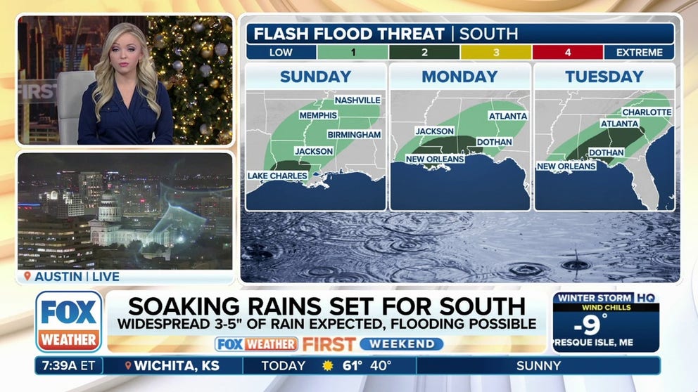 As much as 2-5 inches of rain will fall in heavier showers at times stretching from Louisiana to Georgia over the first half of this week.