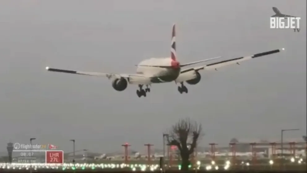 Storm Darragh brought gusts to 50 mph around London, making for tricky landings at Heathrow Airport. (Video courtesy: BigJetTV via Storyful)