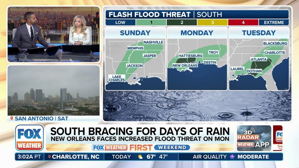 The FOX Forecast Center is monitoring a multiday flash flood threat across the Deep South as drenching rain pushes through the region starting Sunday.