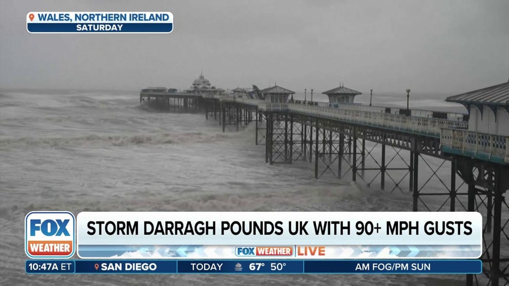 At least two people were killed by fallen trees as Storm Darragh wreaked havoc in the United Kingdom with 90 mph wind gusts.