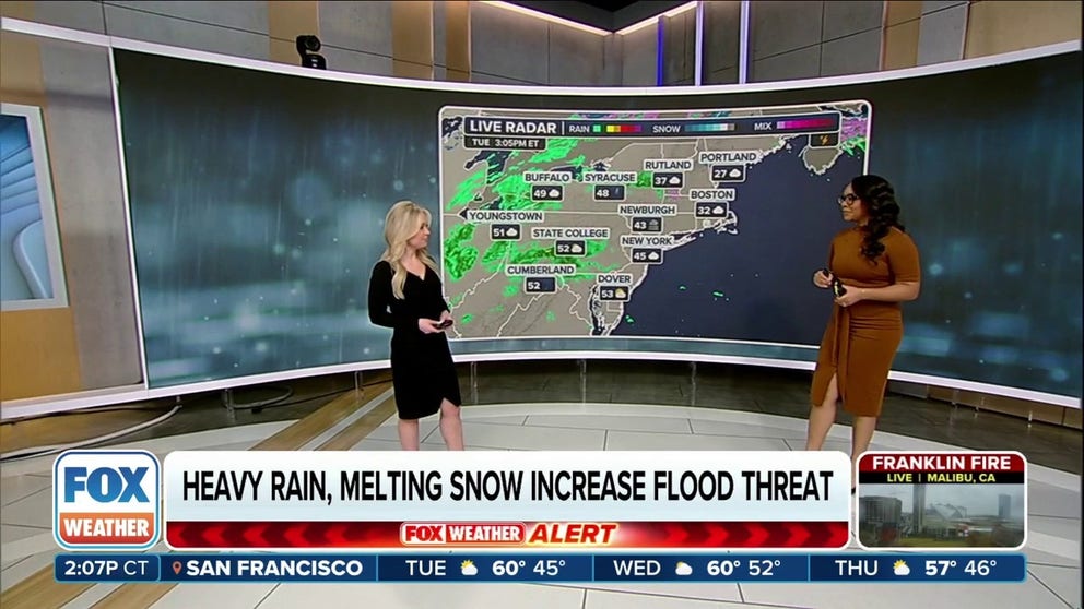 A storm system developing over the Ohio Valley and Northeast is expected to produce heavy rainfall and high-elevation snow on Wednesday. Along the coast wind gusts of 40-60 mph could be problematic between New York City and Boston. 