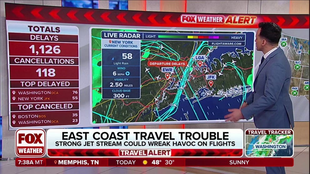 Thunderstorms and strong winds could cause flight delays across the eastern U.S. Early on Wednesday more than 1,000 flights were delayed. Rain, wind and fog will all be a factor throughout the day. 