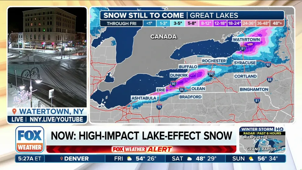 The third significant lake-effect snowstorm in three weeks is continuing to blast Great Lakes communities from Michigan to New York, with forecasters warning that blowing snow could lead to near-whiteout conditions making travel treacherous.