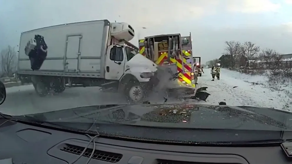 Hazardous road conditions caused by a winter storm led to a box truck striking first responders in Comstock Township in southwest Michigan Thursday morning. Dec. 12, 2024.