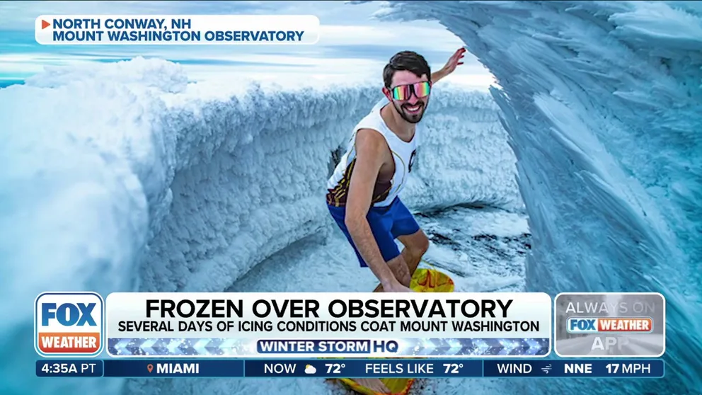 After several days of icing conditions, the summit of the Mount Washington Observatory had unique rime ice formations everywhere, so weather observers took this opportunity to go subarctic surfing! Charlie Peachey,  a weather bbserver for Mount Washington, spoke about the wild weather with FOX Weather First.