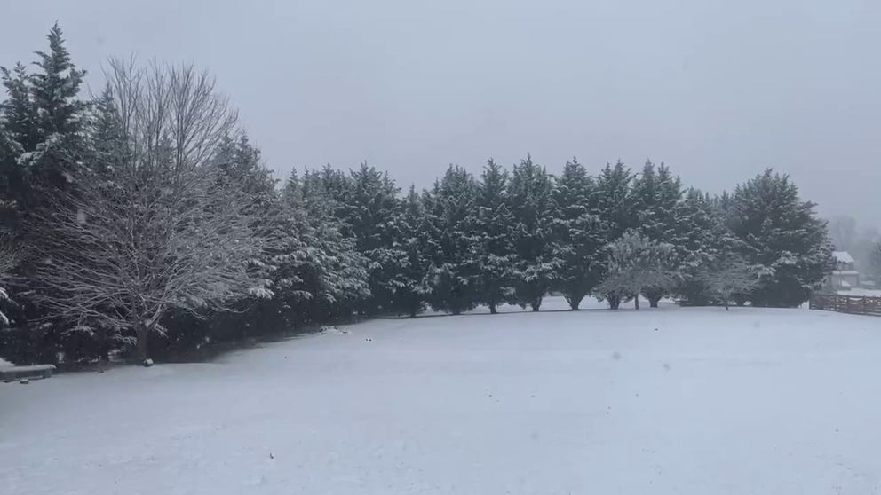 A video recorded in Martinsburg, West Virginia, shows snow falling on a winter landscape on Sunday, Dec. 15, 2024.