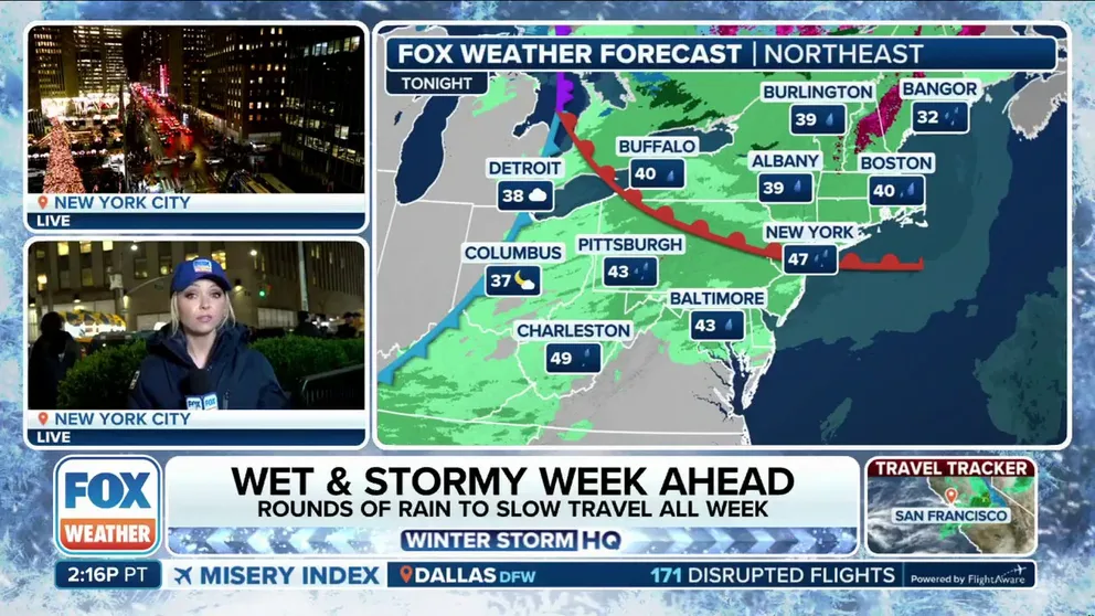 Rounds of rain will slow travel throughout the week before Christmas across the Northeast and I-95 Corridor. FOX Weather Meteorologist Kindell Smith is in Time Square packed with visitors for the holiday. 