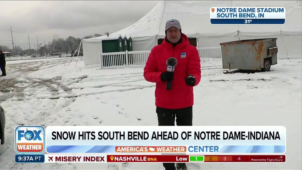 FOX Weather's Robert Ray reports live from just outside Notre Dame's stadium where fans were already getting ready for the big game despite the snow and bitter cold.