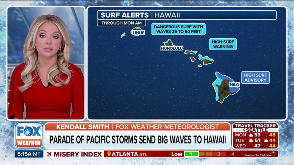 Dangerous surf conditions with waves reaching dozens of feet high are slamming Hawaii’s northern beaches just as winter-weary travelers may be searching out sun and warm beach weather for the Christmas week break.