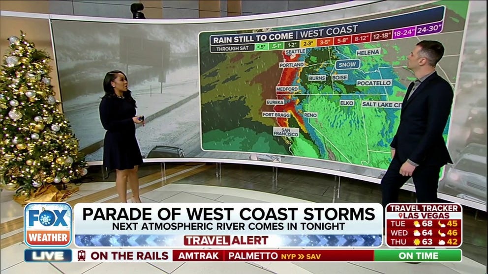 Back-to-back atmospheric rivers are moving through the West, causing life-threatening coastal conditions for California including massive waves up to 50 feet. High surf and coastal flood advisories are in place through Tuesday. 