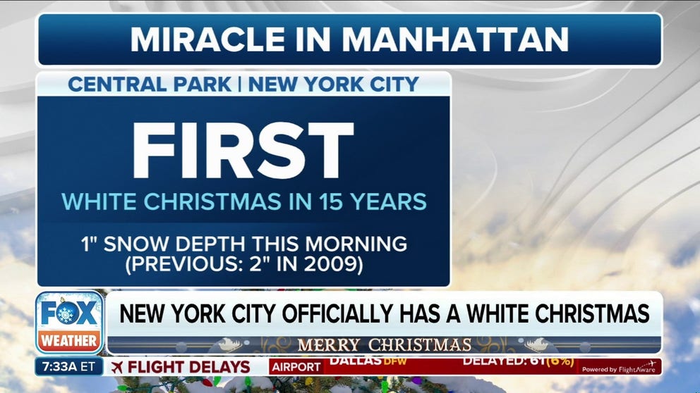 It's official, it's a white Christmas in New York City with at least 1 inch of snow on the ground in Central Park Wednesday morning. It's the first white Christmas for the Big Apple since 2009.