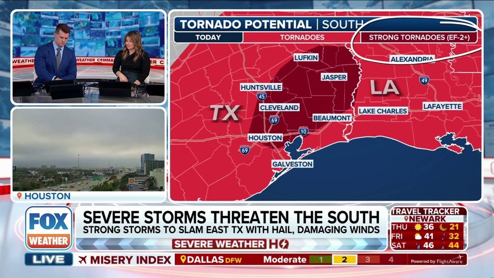 Strong tornadoes are possible in the Houston area on Thursday as severe weather tears across the South.