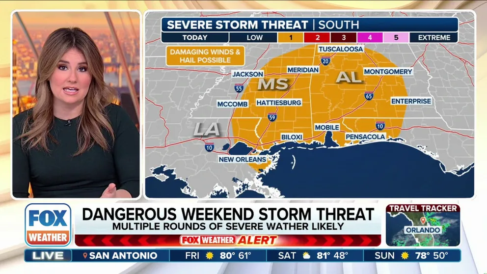 While lower than Thursday, there is a risk of severe weather that is lingering across the South on Friday. FOX Weather Meteorologist Jane Minar has the forecast.