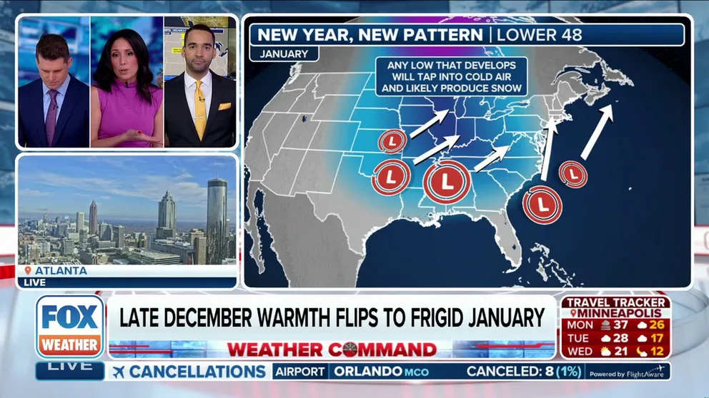 The FOX Forecast Center is tracking a changing weather pattern for the New Year as Arctic air plunges temperatures for the eastern half of the country. Some of these areas could go to 20-degrees above average to 30-degrees below average temperatures. 