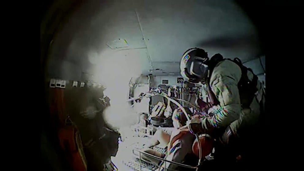 A video shared by the U.S. Coast Guard shows the rescue of two men off Puerto Rico after their boat ran out of fuel and capsized south of Desecheo Island over the weekend.