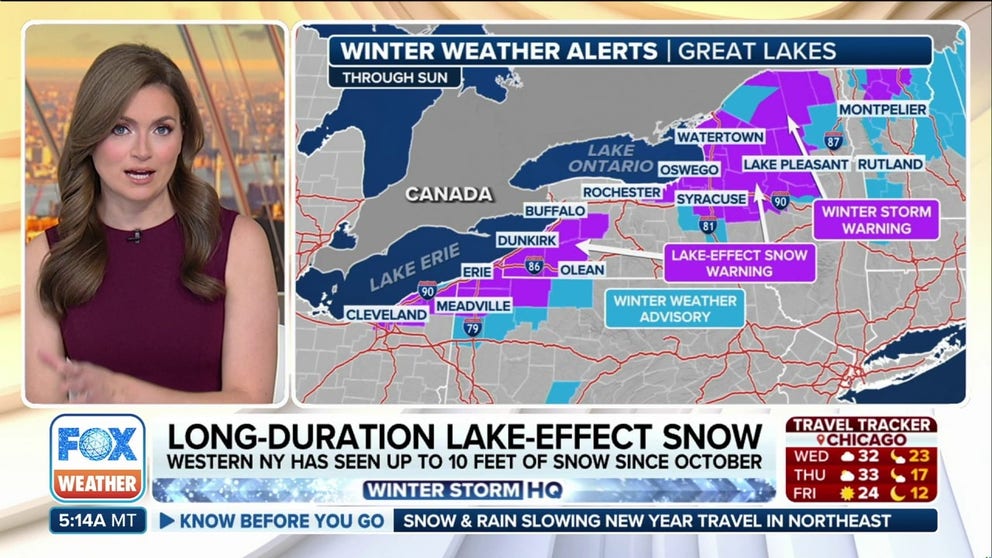 A prolonged period of heavy lake-effect snow will kick off on New Year's Day and continue right into the weekend. Areas downwind of Lake Erie and Lake Ontario will be most heavily impacted, as snow totals will be measured in feet.