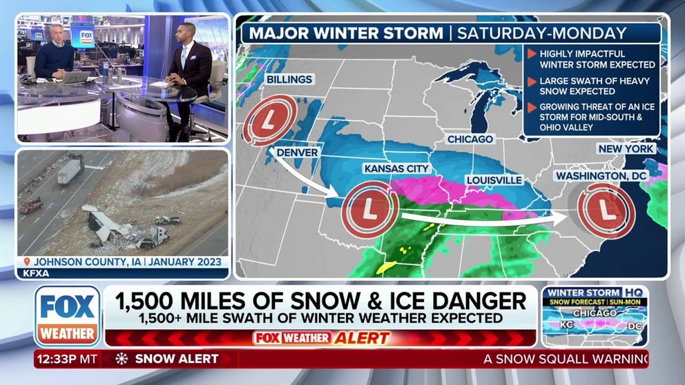 About 1,500 miles of the U.S. will be hit by a major winter storm this weekend. The storm has already begun on the West Coast and, over the next few days, will bring snow and ice to the Central and Eastern parts of the country. Jan. 3, 2025.