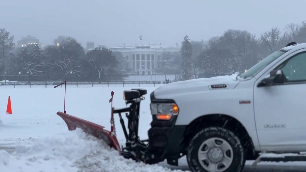 A video shared from Washington D.C. shows a plow working to remove snow in front of the White House as a deadly winter storm slams the mid-Atlantic on Monday, Jan. 6, 2025. 