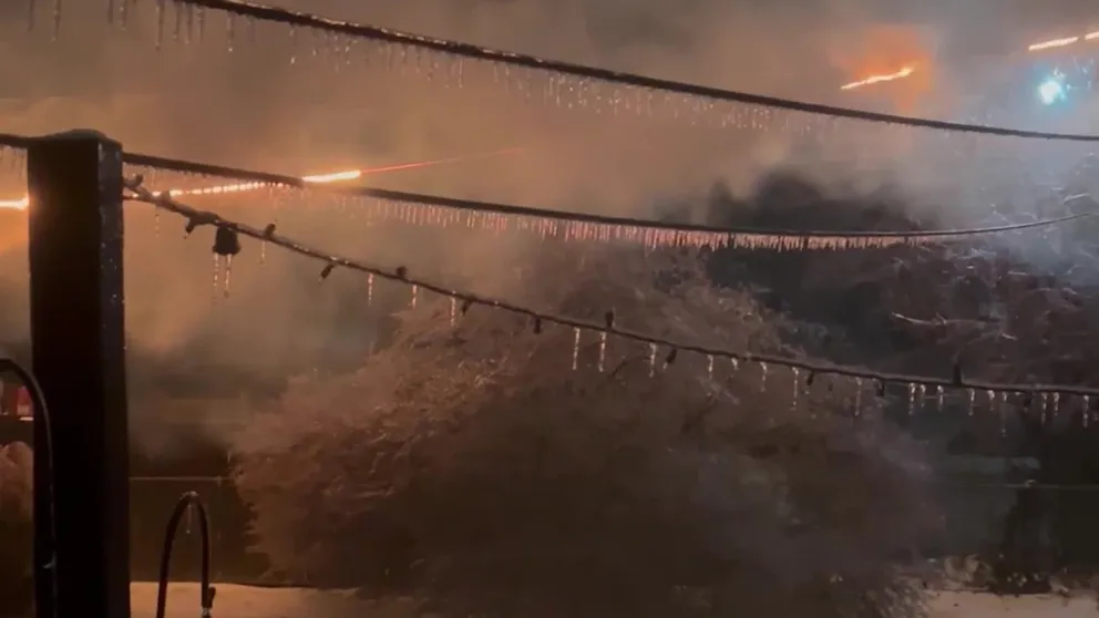A power line caught on fire during an ice storm in Evansville, Indiana, on January 5, as thousands across the county were left without power. (Video: Edward Barnhill via Storyful)