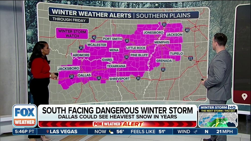 Snow, sleet and freezing rain is expected to make travel treacherous from Dallas to Little Rock and stretch to Atlanta and Charlotte.