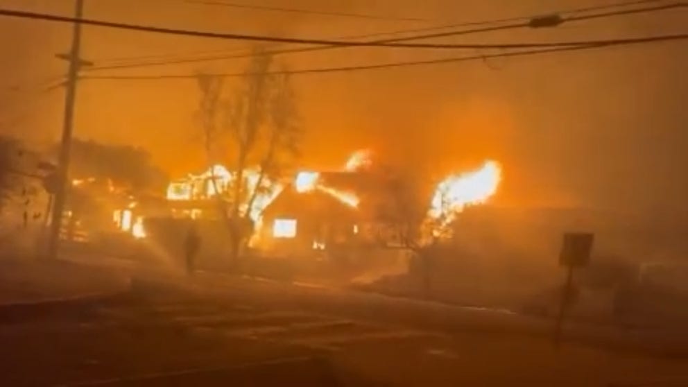 Video from FOX 11 Los Angeles' Matthew Seedorff shows multiple homes engulfed in flames in the Pacific Palisades neighborhood. 