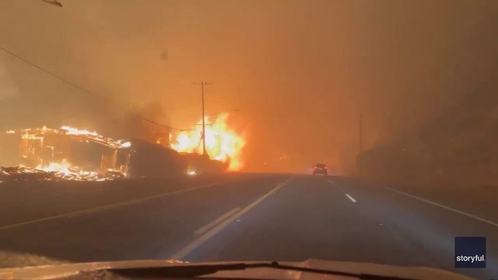 The Palisades Fire erupted Tuesday in Los Angeles, fueled by strong winds gusting between 50-80 mph. Video from the Pacific Coast Highway shows homes and power poles on fire as the fire continues its rapid spread.