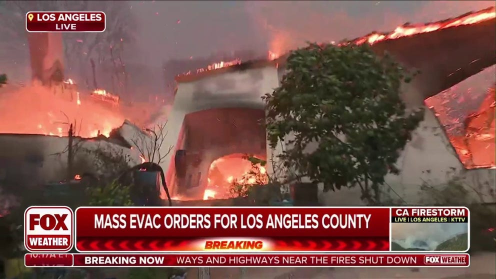 The last remaining wall of a Los Angeles home engulfed in flames collapsed as a FOX camera was rolling on the scene. Jan. 8, 2025.